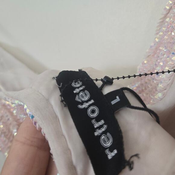 Retrofete Katya Sequin Maxi Dress Size L Dusty Peach Pink Cowl Neck Slit - Picture 10 of 13